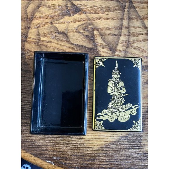 Vintage Black Lacquer Decorative Box w/ Gilt Design Balinese Dancer 4.5"x3"x1.5" - Picture 8 of 16